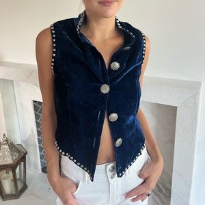 Vintage Blue Crushed velvet vest with silver detailing and concho silver buttons